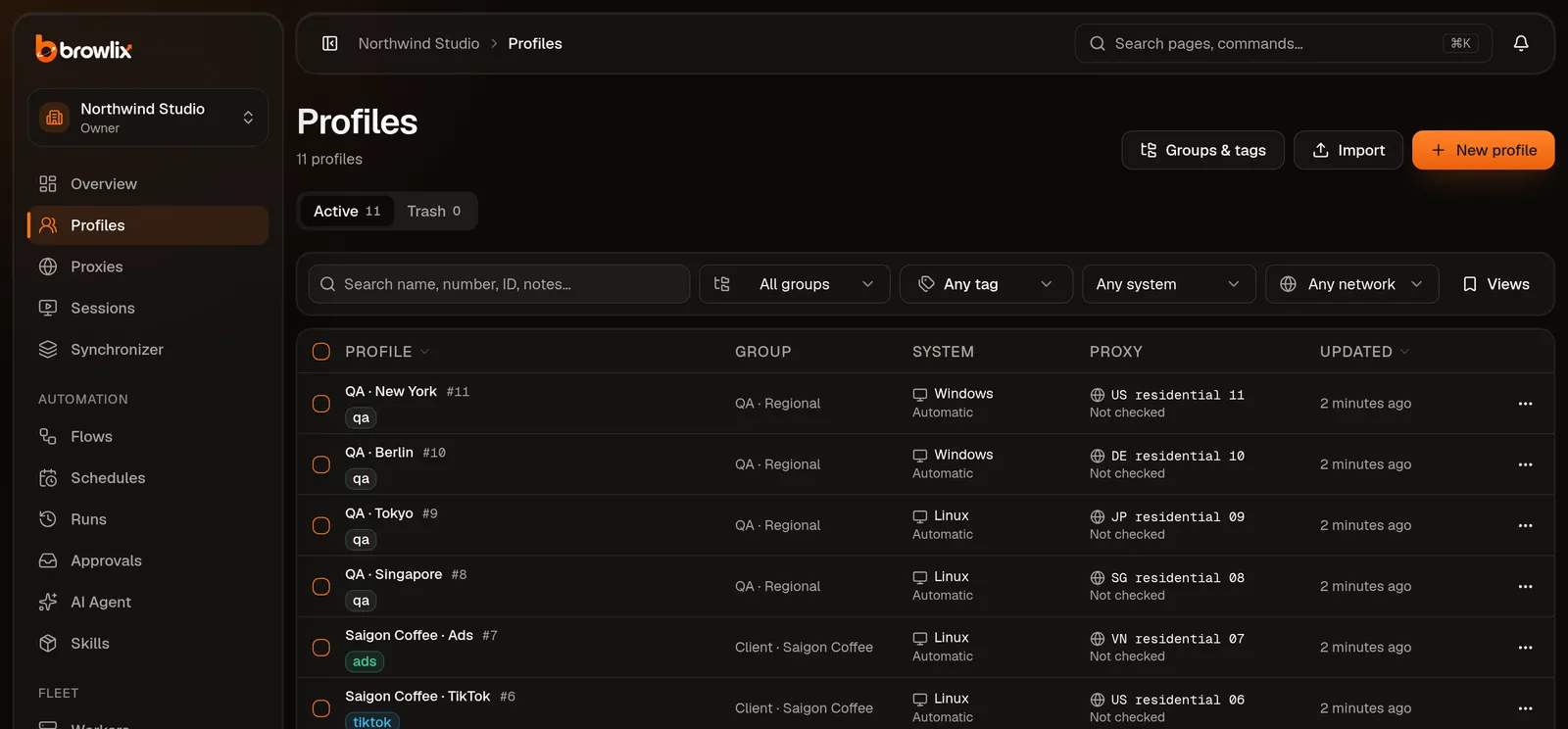 The profile list in the Browlix dashboard with sample data
